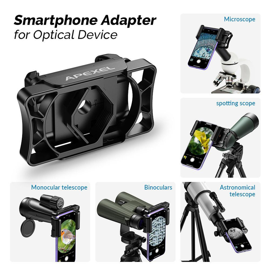 APEXEL Universal-Teleskop-Telefonadapter für Monokulare, Ferngläser und Mikroskope, Schwarz - Bild 6