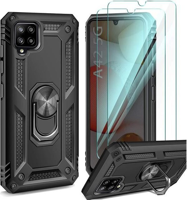 ivencase Handyhülle für Samsung Galaxy A42 5G in Schwarz mit drehbarem Ring-Ständer und 2 Stück Panzerglas - Bild 1