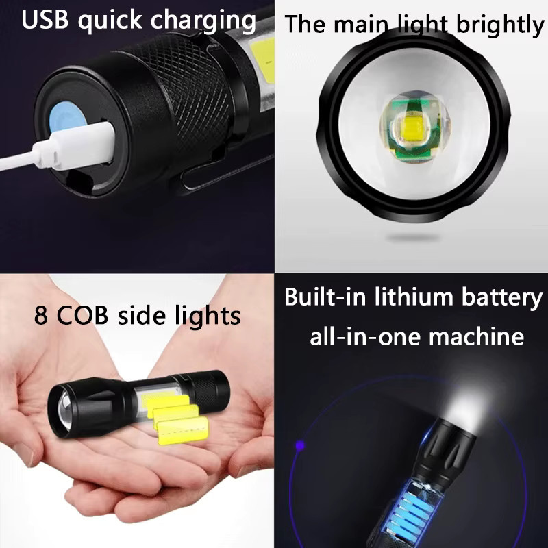 eoopee Mini-Taschenlampe mit LED COB und XPE, USB wiederaufladbar, schwarz, mit Clip und zoombarem Fokuslicht - Bild 3