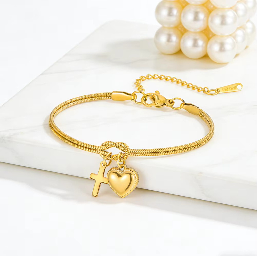 Cazador Armband, Edelstahl, Goldfarben, Jesus-Kreuz Herz-Charm, Damen - Bild 2