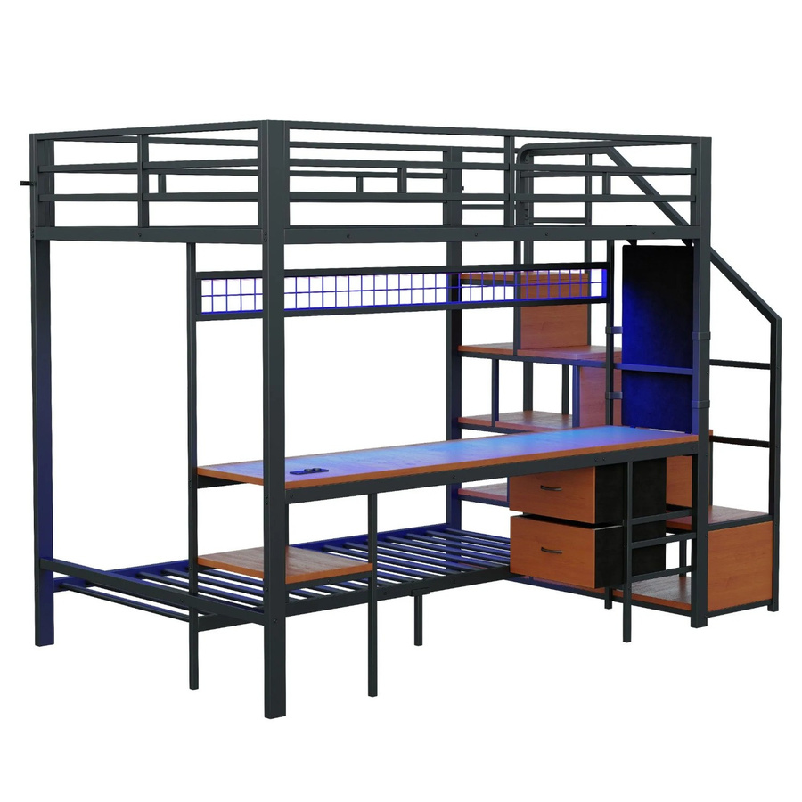 Merax Hochbett mit Schreibtisch und LED-Beleuchtung in Schwarz, B/T/H: 238 x 140 x 200 cm und 90 x 200 cm - Bild 2