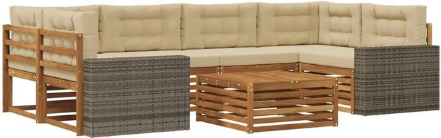 vidaXL Outdoor-Sofagarnitur in L-Form aus Akazienholz mit 7 Kissen in Natur und Beige - Bild 1