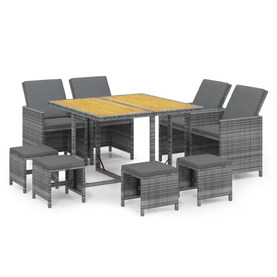 vidaXL 9-teilige Garten-Essgruppe aus Poly-Rattan und massivem Akazienholz in Grau mit Kissen - Bild 2