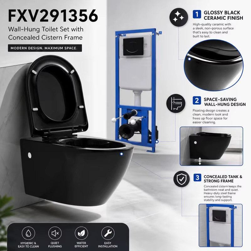 Wandhängende Toilette aus schwarzer Keramik mit verdecktem Spülkasten - Bild 3