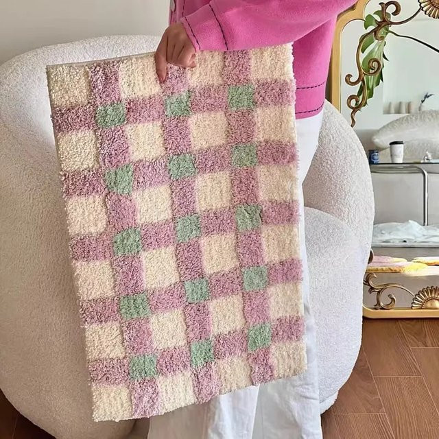 VIKAMA Nordischer Schachbrett-Teppich, Flauschiger und rutschfester Teppich im skandinavischen Design für Wohnzimmer und Schlafzimmer - Bild 1