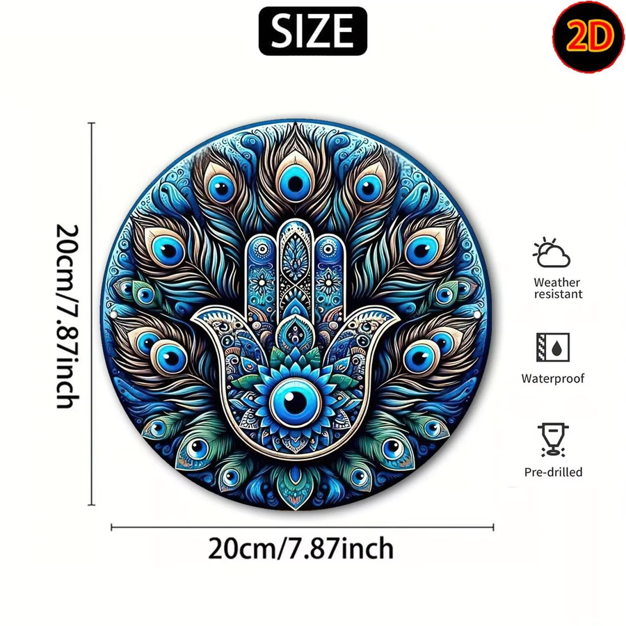 CIFBUY Vintage Hamsa Hand Wandkunst aus Metall in Blau und Türkis mit Pfauenfeder-Design und floralem Ornament - Bild 3