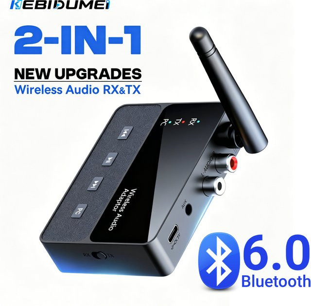 KEBIDUMEI 2-in-1 Bluetooth 6.0 Empfänger und Sender, Wireless Hi-Fi Stereo Audio Adapter mit 3,5-mm-Klinkenstecker und RCA, Schwarz - Bild 1