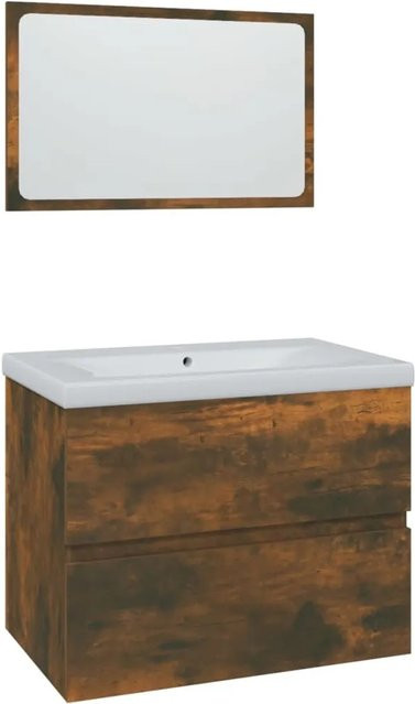 vidaXL Badmöbel-Set Modell 4 aus Holzwerkstoff in Räuchereiche mit Waschbeckenunterschrank, Spiegel und Keramik-Einbaubecken, Farbe: Braun, B/T/H: 60,0 x 38,5 x 45,0 cm - Bild 1
