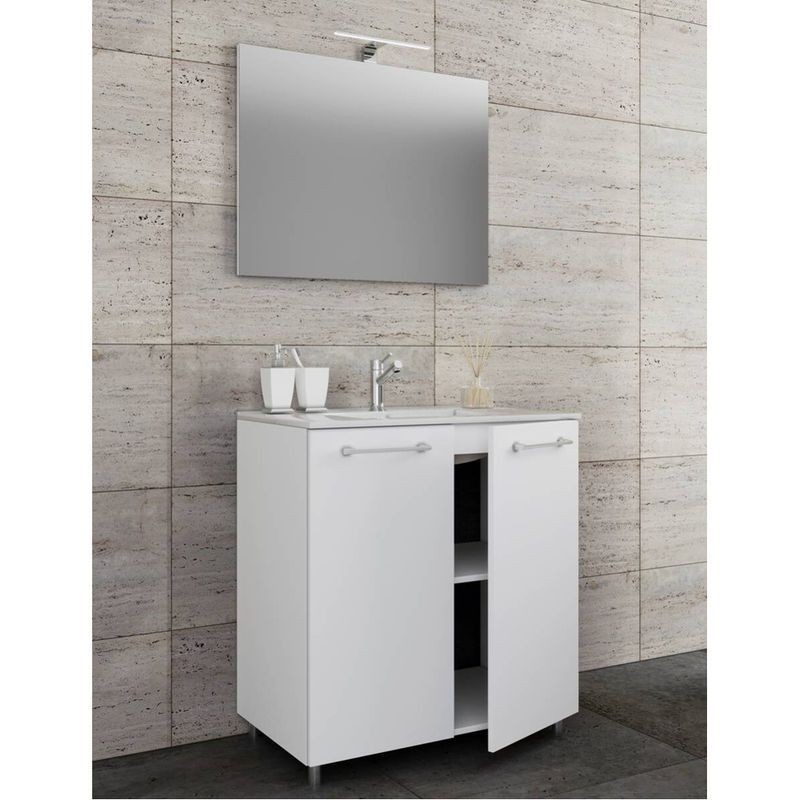 VCM Badmöbel Set 3-tlg. in Weiß mit Keramik Waschbecken, Spiegel und freistehendem Unterschrank, B/H/T: 80 x 86 x 46 cm - Bild 3