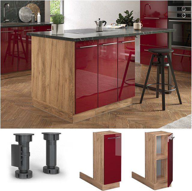 Vicco Küchenunterschrank Fame-Line Hochglanz in Eiche und Bordeaux Rot mit Drehtür und Einlegeboden, Breite: 30 cm - Bild 1