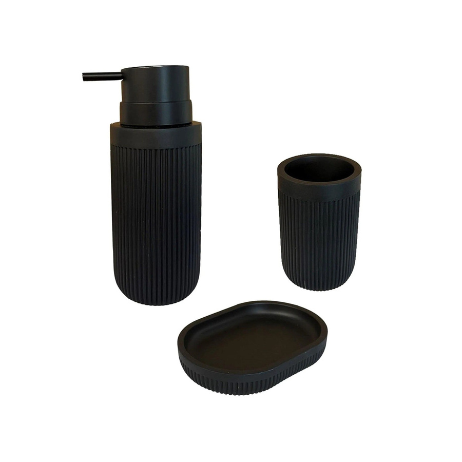 Relaxdays Badaccessoires Set aus Polyresin in Schwarz, 3-teilig bestehend aus Seifenspender, Seifenschale und Zahnputzbecher - Bild 2