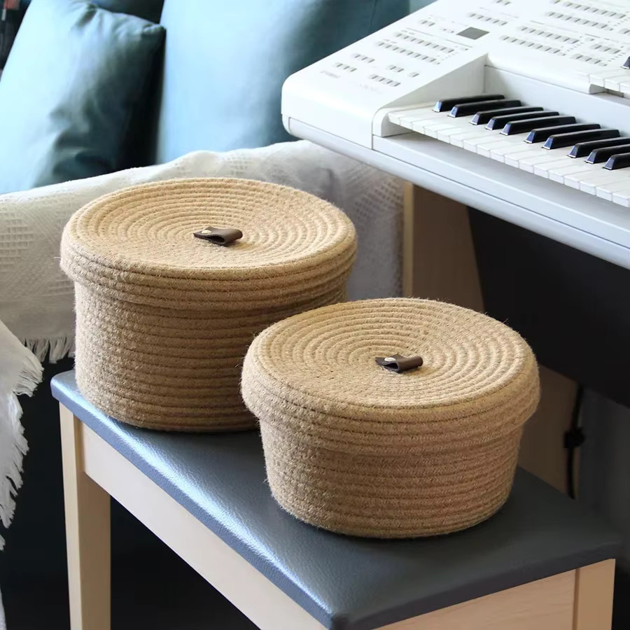 Vintage Desktop-Aufbewahrungskorb aus Rattan und Bambus mit Deckel, beige, Durchmesser: 22,0 cm - Bild 2