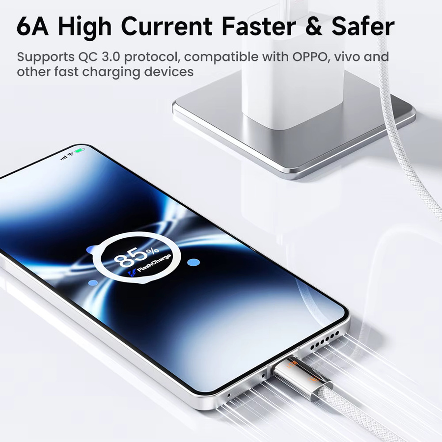 Toocki USB-C-Datenkabel 120 W in Weiß für schnelles Laden von OPPO Supervooc 2.0, Vivo Super FlashCharge, Xiaomi und Samsung - Bild 4
