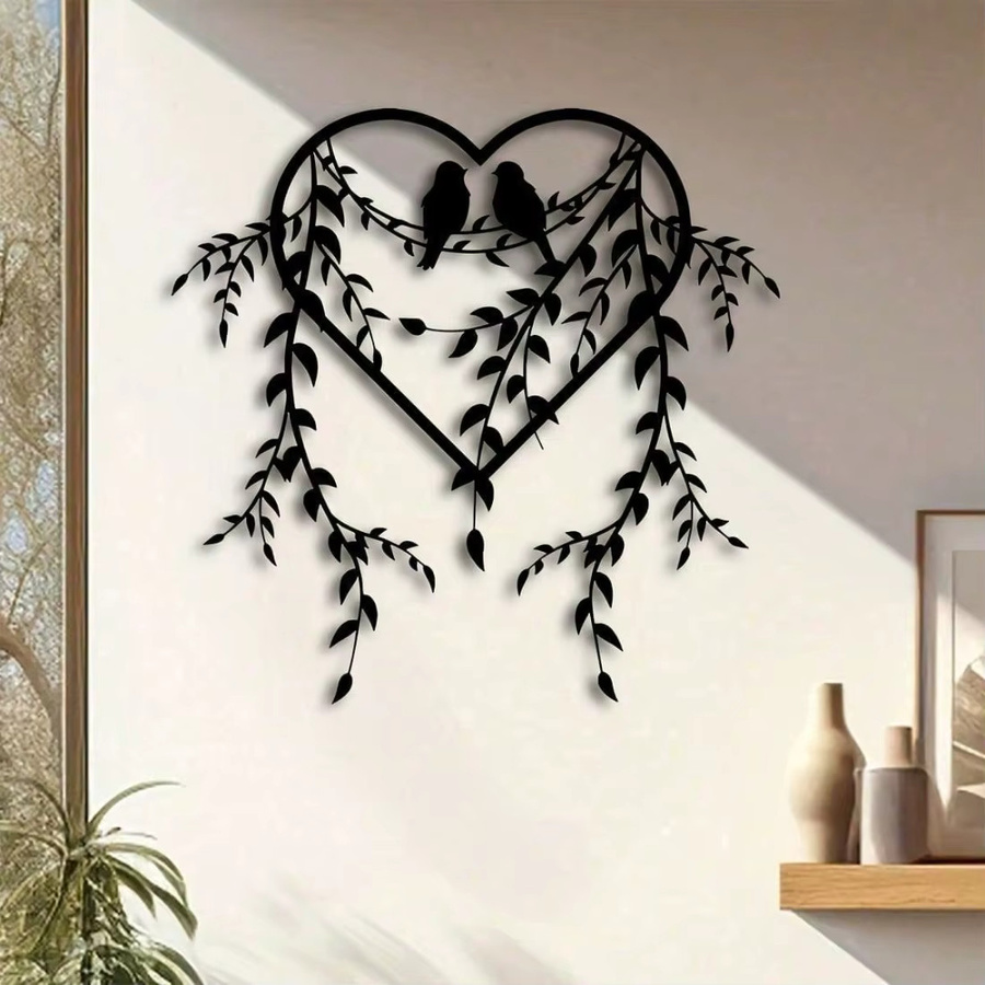 CIFBUY Herzförmige Wanddekoration aus Metall in Schwarz mit Vogel- und Blumenmotiv, B/H: 39,9 x 39,9 cm - Bild 3