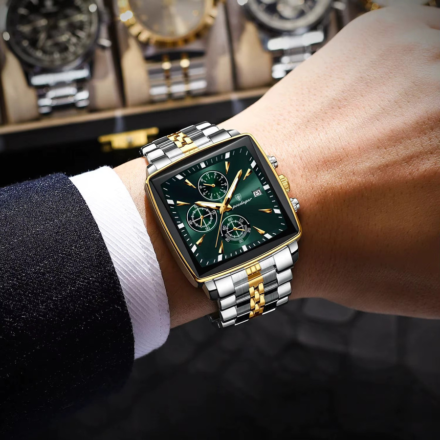 POEDAGAR Armbanduhr Chronograph, Quarz, Edelstahl, Silber, Grün, Herren - Bild 5