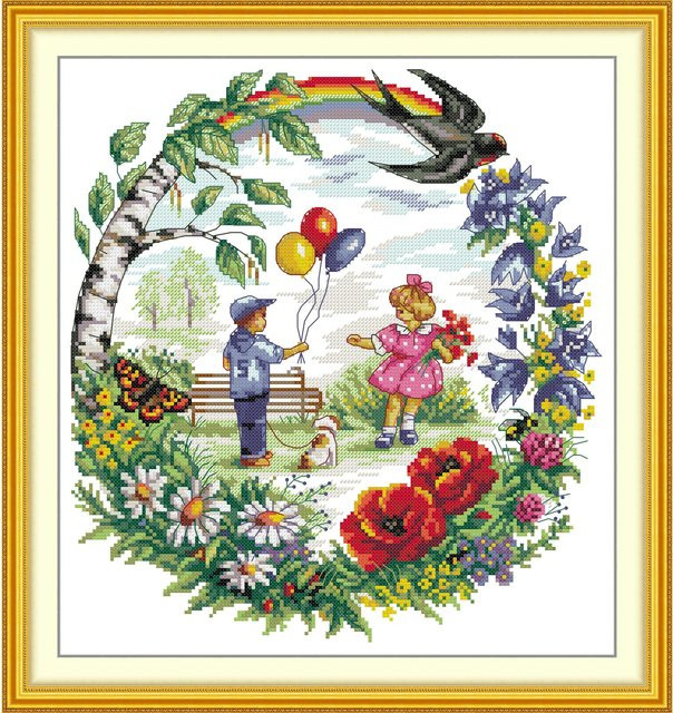 Kreuzstich-Set Sommer in der Kindheit von Joy Sunday mit vorgedrucktem Aida-Gewebe und DMC-Fäden in Weiß und Mehrfarbig - Bild 1