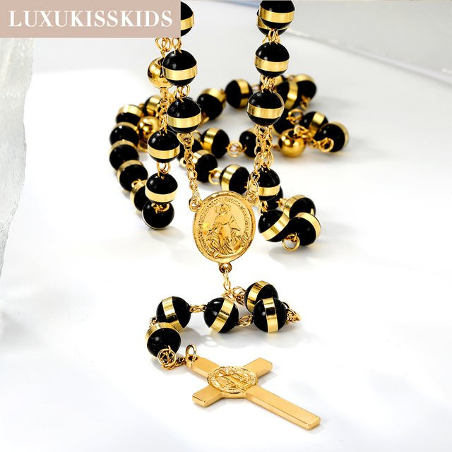 LUXUKISSKIDS Rosenkranz-Kreuz-Anhänger-Halskette, schwarze Perlen, Edelstahl, Unisex - Bild 1