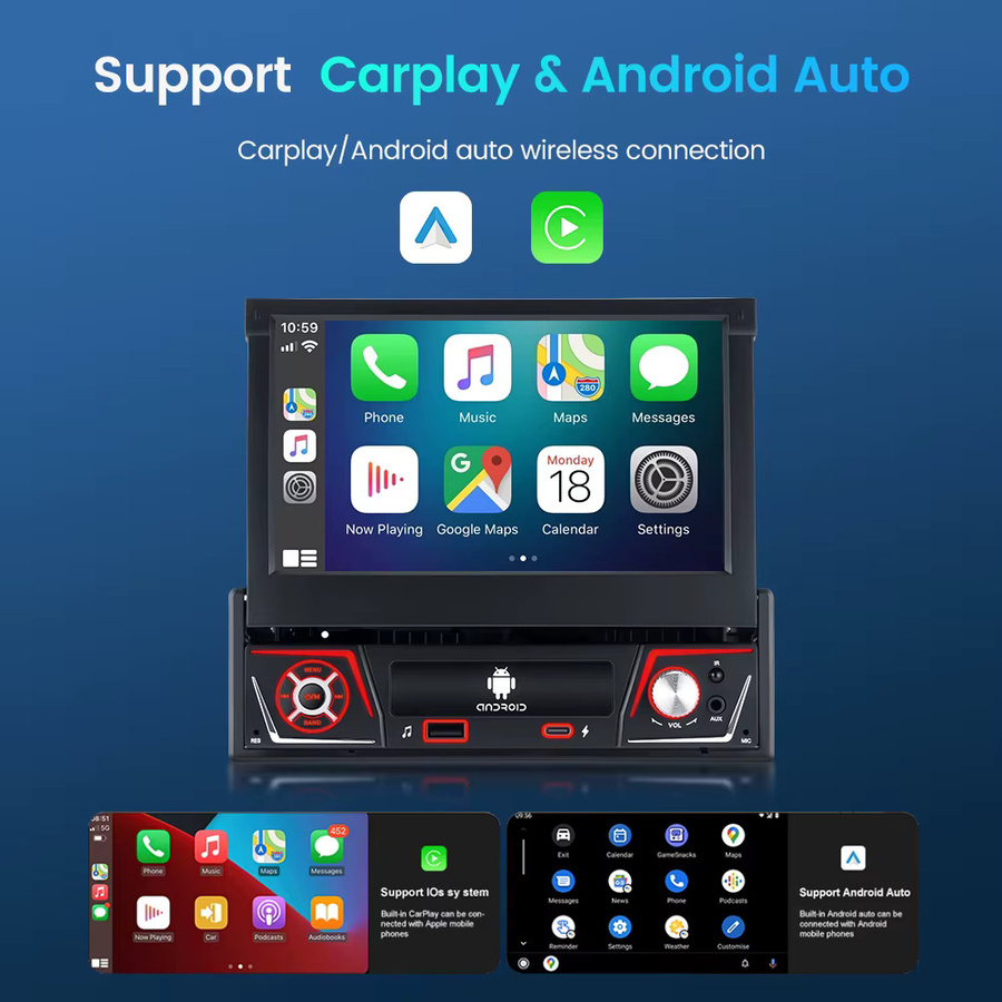 GEARELEC 1-DIN Android Autoradio mit 7 Zoll IPS ausfahrbarem Bildschirm, Carplay, GPS-Navigation und Multimedia-Videoplayer, Schwarz - Bild 2
