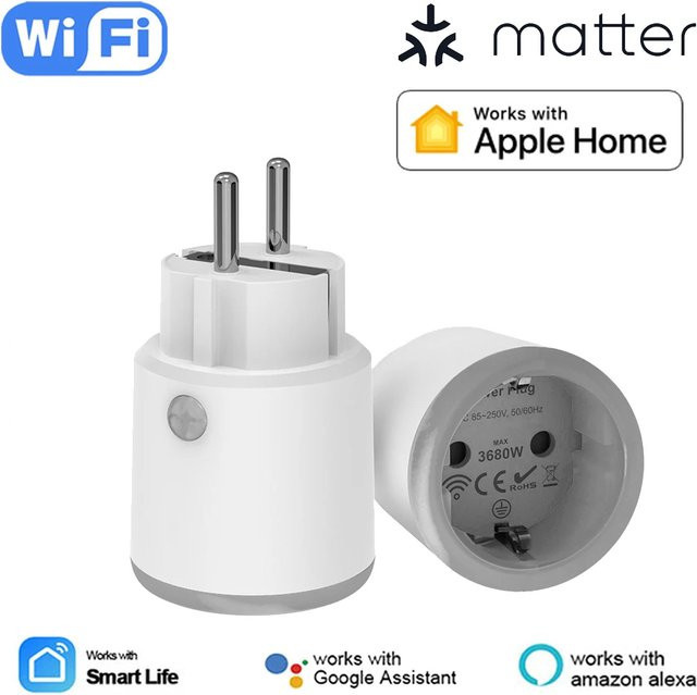Materie Smart Power Plug WiFi 16A EU-Steckdose mit Power Meter, kompatibel mit Tuya, HomeKit, Echo, Alexa und Google Home, Farbe: Weiß - Bild 1
