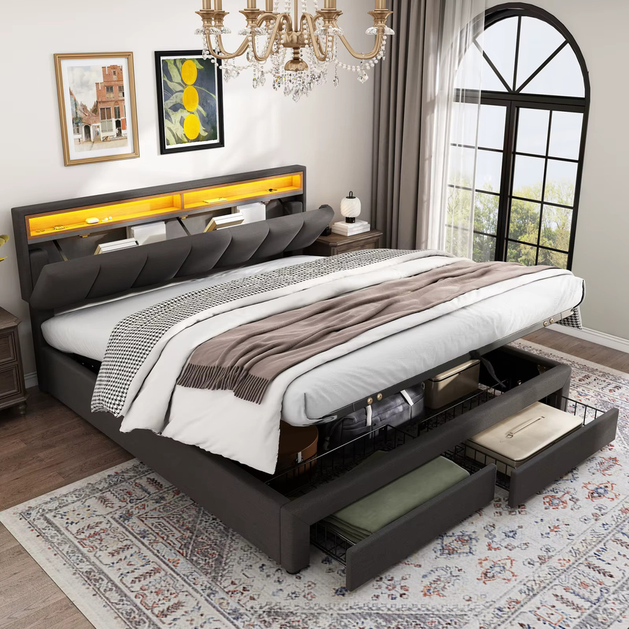 Gepolstertes Polsterbett mit Stauraum und Lift-up-Funktion in Grau, B/T/H: 180 x 200 cm - Bild 3