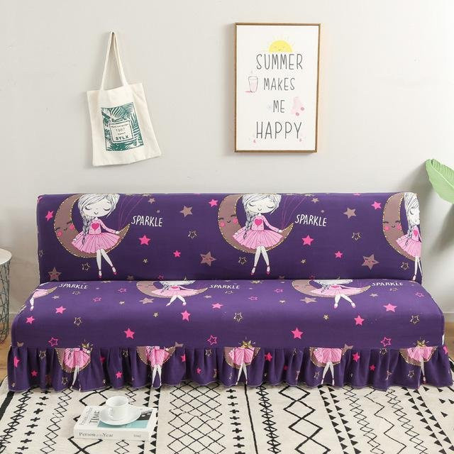 Moderne Blumenserie Sofabezug mit Rockkante in Lila, elastischer Überwurfschutz für Klappsofas ohne Armlehnen, Breite: 120 cm, Tiefe: 140 cm - Bild 1