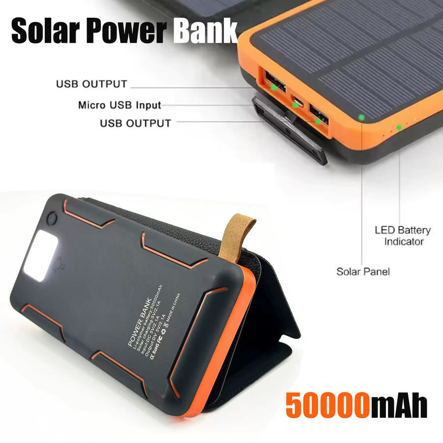 Rscrola Solar-Powerbank 50000mAh mit 4 Solarpanelen, kabelloses Ladegerät in Schwarz, kompatibel mit iPhone, Huawei, Xiaomi und Samsung - Bild 6