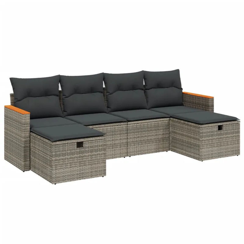 vidaXL 6-teilige Garten-Sofagarnitur in L-Form aus Poly Rattan und Metall, Grau, inklusive Kissen und Ottoman - Bild 2