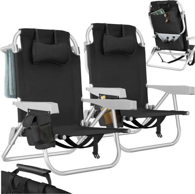 tectake Aluminium Strandstuhl 2er Set Schwarz, klappbar mit Rucksackfunktion, verstellbarer Rückenlehne, Kopfpolster, Kühltasche und Aufbewahrungstasche, B/T/H: 101 x 63 x 78 cm - Bild 2