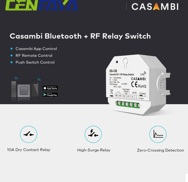 CENFAYA Casambi Bluetooth RF Relais Schalter zur App-Steuerung für einfarbige LED Lampen, Weiß - Bild 1