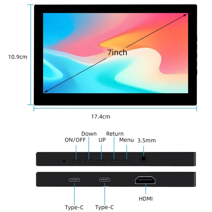 AISHICHEN 7-Zoll Tragbarer Touchscreen Mini-Monitor mit 1280x800 Auflösung und 60Hz, Schwarz, HDMI und USB-C für Raspberry Pi, Laptop, Smartphone und PC - Bild 6