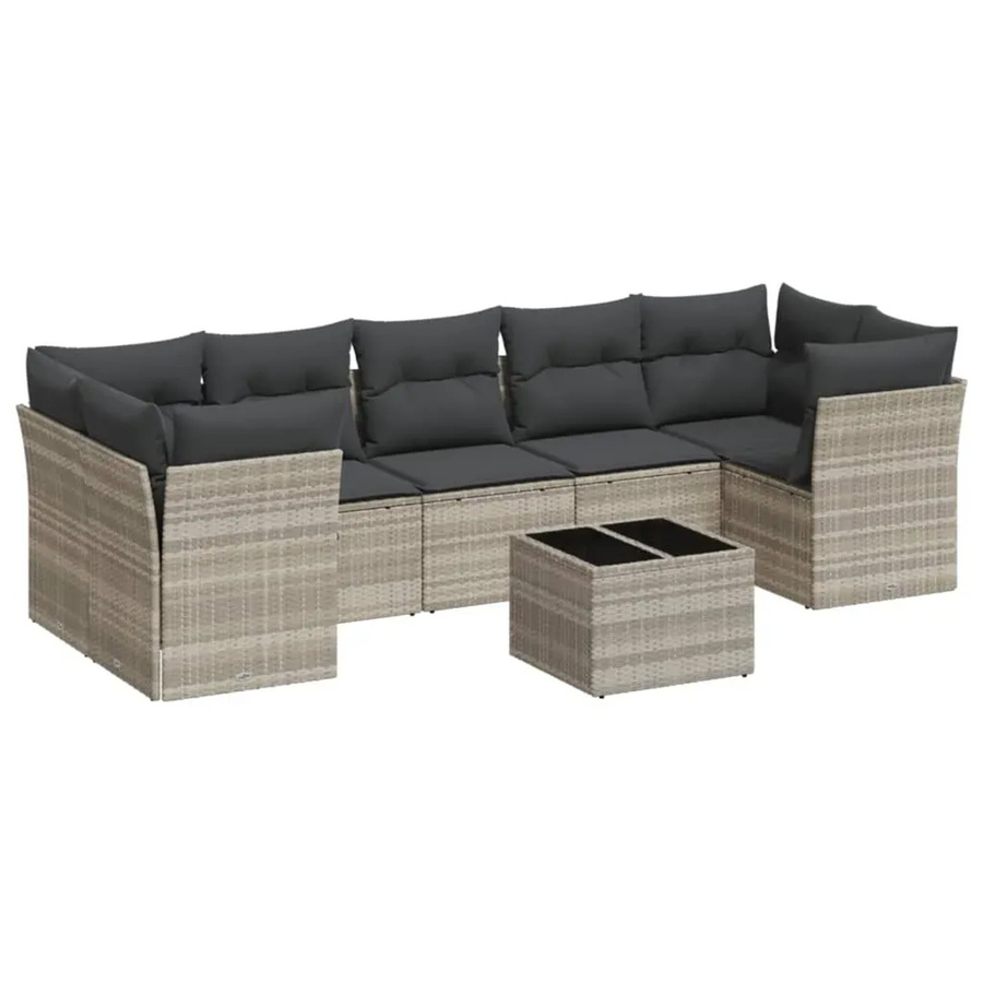 vidaXL 8-tlg. Garten-Sofagarnitur in L-Form aus Poly-Rattan mit Kissen und Couchtisch, Hellgrau - Bild 2
