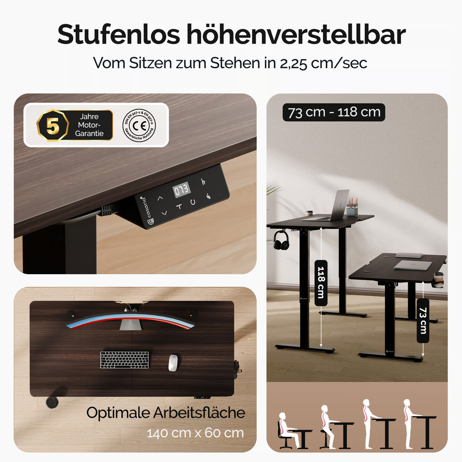 Casaria Elektrischer höhenverstellbarer Schreibtisch in Braun B: 140 cm, T: 60 cm, H: 73-118 cm - Bild 2