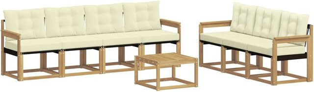 vidaXL Outdoor-Sofagarnitur 8-teilig in L-Form mit Kissen und Couchtisch, Akazienholz und Textilene, Weiß und Beige - Bild 1