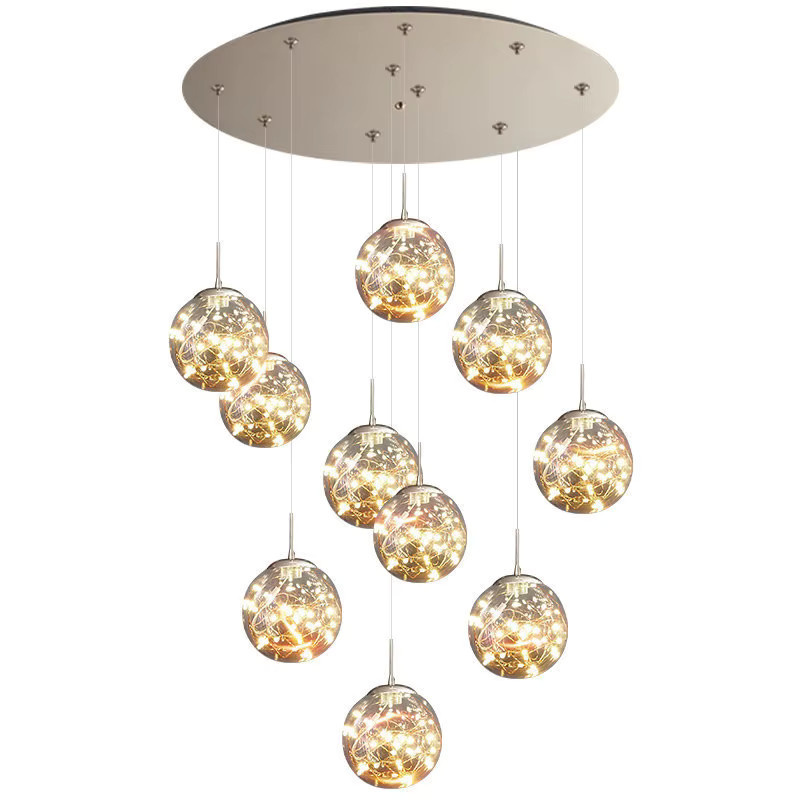 ZHUOYU Moderne LED-Pendelleuchte mit transparenten Glaskugeln in Gold/Messing, dimmbar, ideal für Wohnzimmer und Treppenhaus - Bild 6