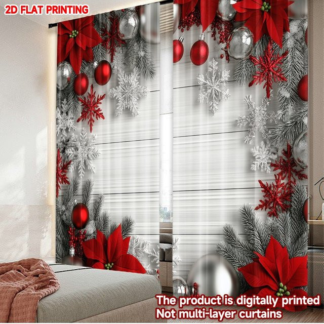 Set aus 2 weihnachtlichen Polyester-Vorhängen mit Frohe Weihnachten Motiv in Rot und Weiß - Bild 1