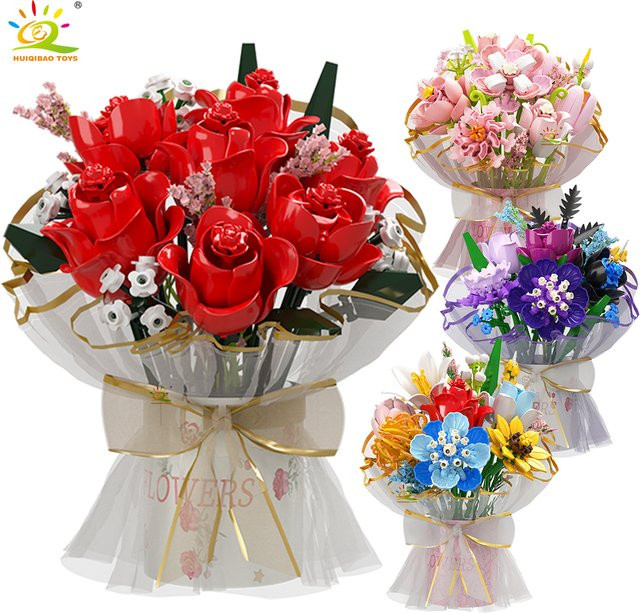 HUIQIBAO Ewiger Blumenstrauß, Mikro-Baustein-Set, Rose Sonnenblume - Bild 1