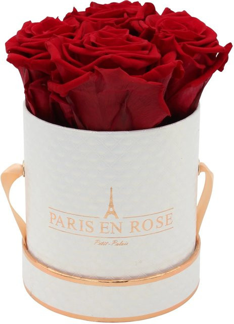 Deluxe Rosenbox PARIS EN ROSE in Weiß-Roségold mit 4 Bordeaux Rosen, Durchmesser: 10 cm - Bild 1