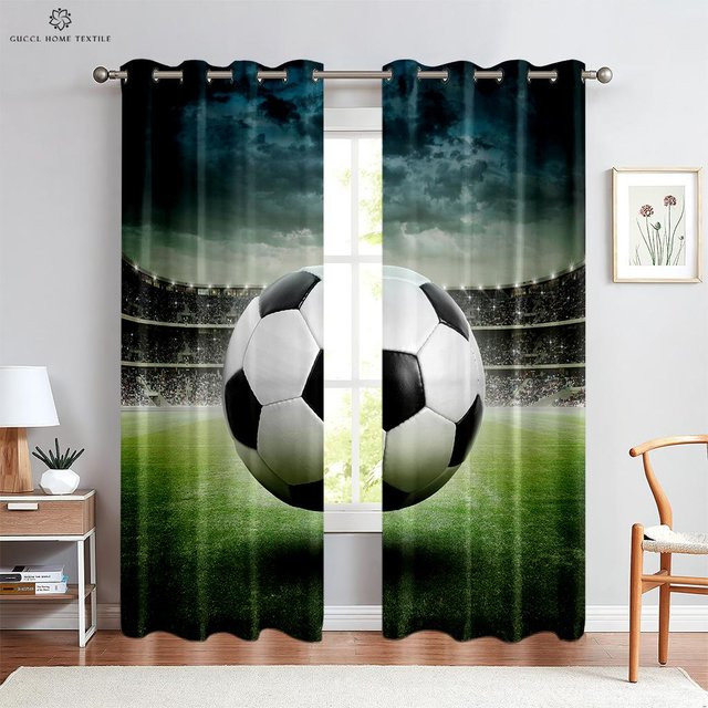 Fußball Vorhänge mit Aquarell-Print für Kinderzimmer und Wohnzimmer, 2er-Set, Mehrfarbig, B: 50 cm, H: 130 cm - Bild 1