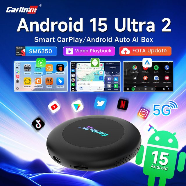 CarlinKit Android 15 CarPlay Ai Box 3 In 1 Wireless Adapter mit Qualcomm SM6350 8-Core und 128 GB in Schwarz für Youtube und Netflix - Bild 1