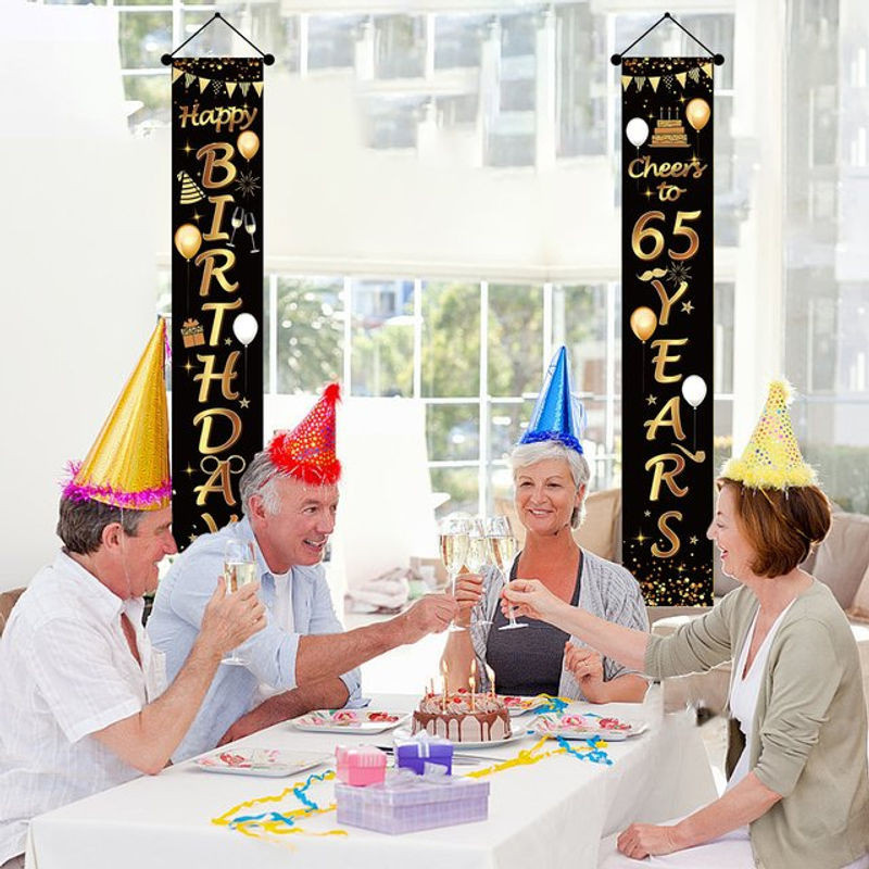 2er-Set Geburtstag Partydekoration 65. Geburtstag Banner in Schwarz und Gold für Männer und Frauen - Bild 1