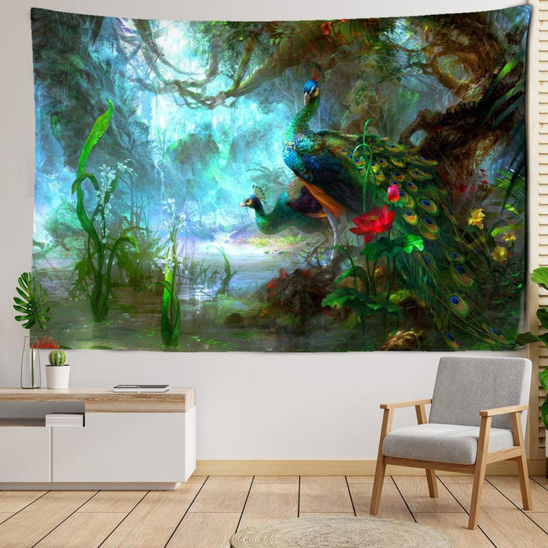 Bohemian Wandkleed mit Tropischem Regenwald und Pfau Motiv, mehrfarbig, Textil, Breite: 95 cm, Höhe: 70 cm - Bild 4