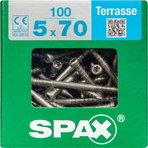 Spax Terrassenschraube T-STAR plus Torx T25 Edelstahl Silber, 100 Stück, Durchmesser: 5 mm, Länge: 70 mm - Bild 1