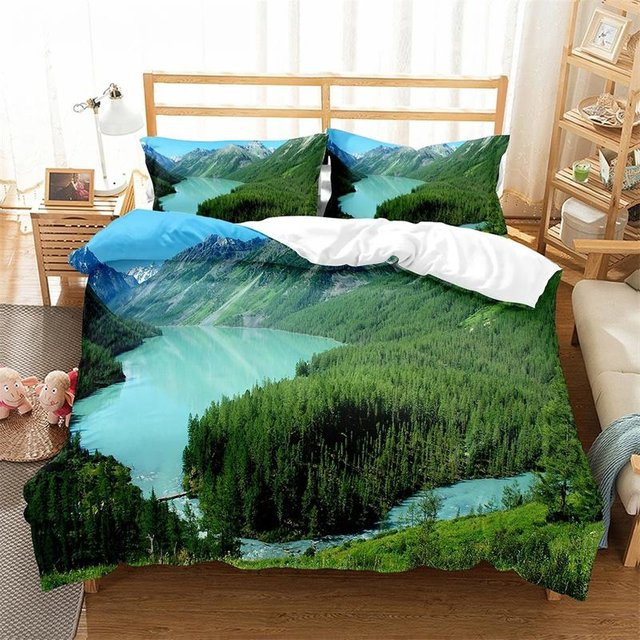 JMG Household Supplies Bettwäscheset Altai-Gebirge Naturlandschaft mit Wald und See, Polyester Mikrofaser, Mehrfarbig, Bettbezug B: 70 cm, H: 133 cm, inklusive 2 Kissenbezüge - Bild 1