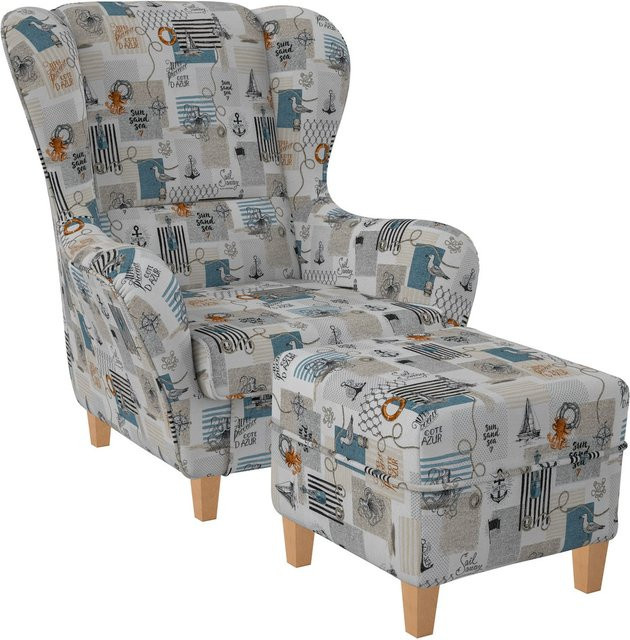 Supellex Sofia Ohrensessel mit Hocker im Patchwork Design Côte D'Azur in Multicolour - Bild 1