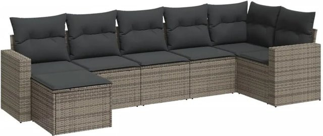 vidaXL 7-tlg Garten-Sofagarnitur in L-Form aus Poly Rattan und Metall mit Kissen in Grau - Bild 1