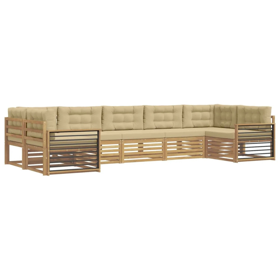 vidaXL Outdoor-Sofagarnitur aus Akazienholz in L-Form, 7-teilig, Weiß und Beige mit Kissen und Armlehnen - Bild 2