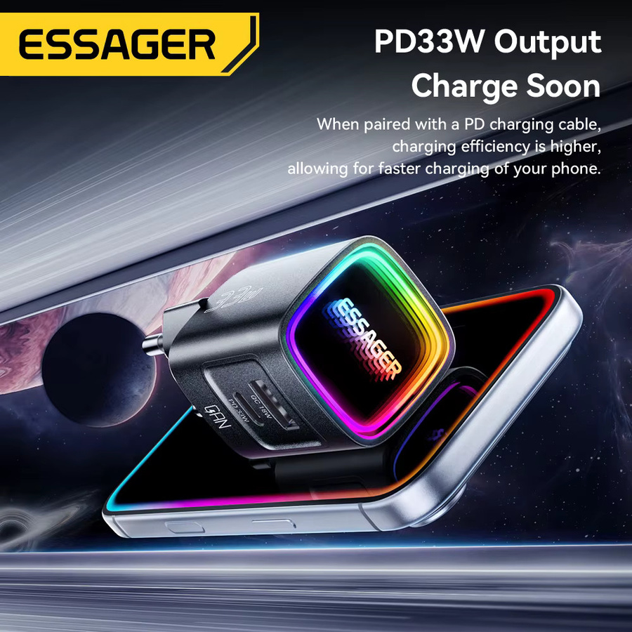 Essager GaN 33W USB Typ-C Ladegerät mit PD-Schnellladefunktion und RGB-Beleuchtung in Schwarz/Multicolor - Bild 2