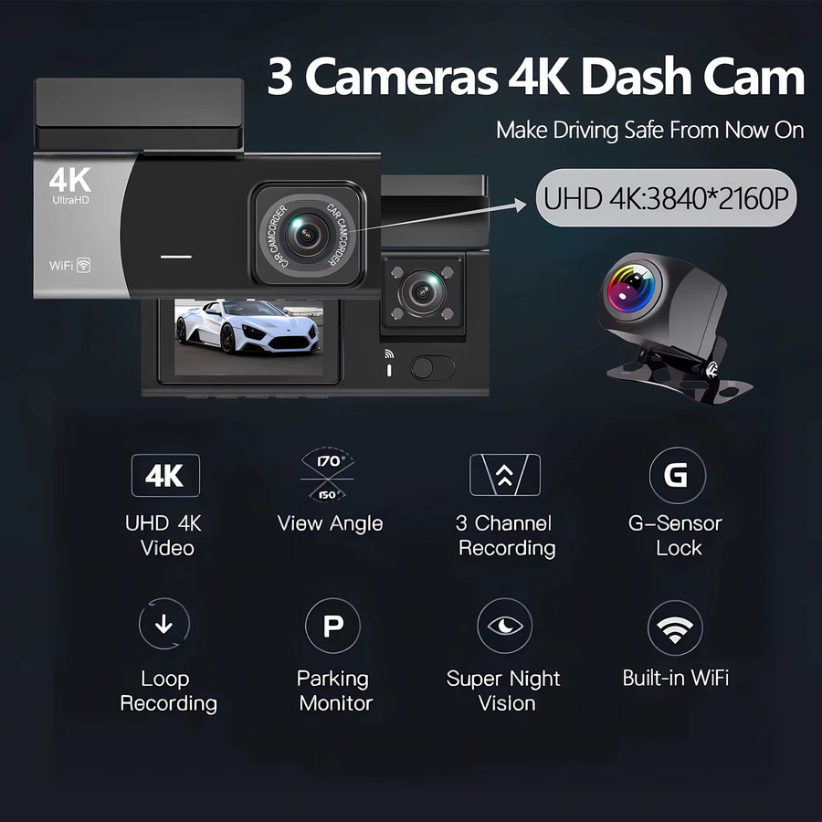 4K 3-Kanal WIFI Dash Cam mit 2160P HD Auflösung und OLESED Display, Drei-Wege Fahrzeug-Videorekorder in Schwarz - Bild 3
