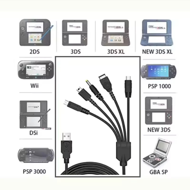 JCD 5 in 1 USB Schnellladekabel für Nintendo 3DS XL, NDS Lite, NDSI LL, Wii U und PSP in Schwarz - Bild 2