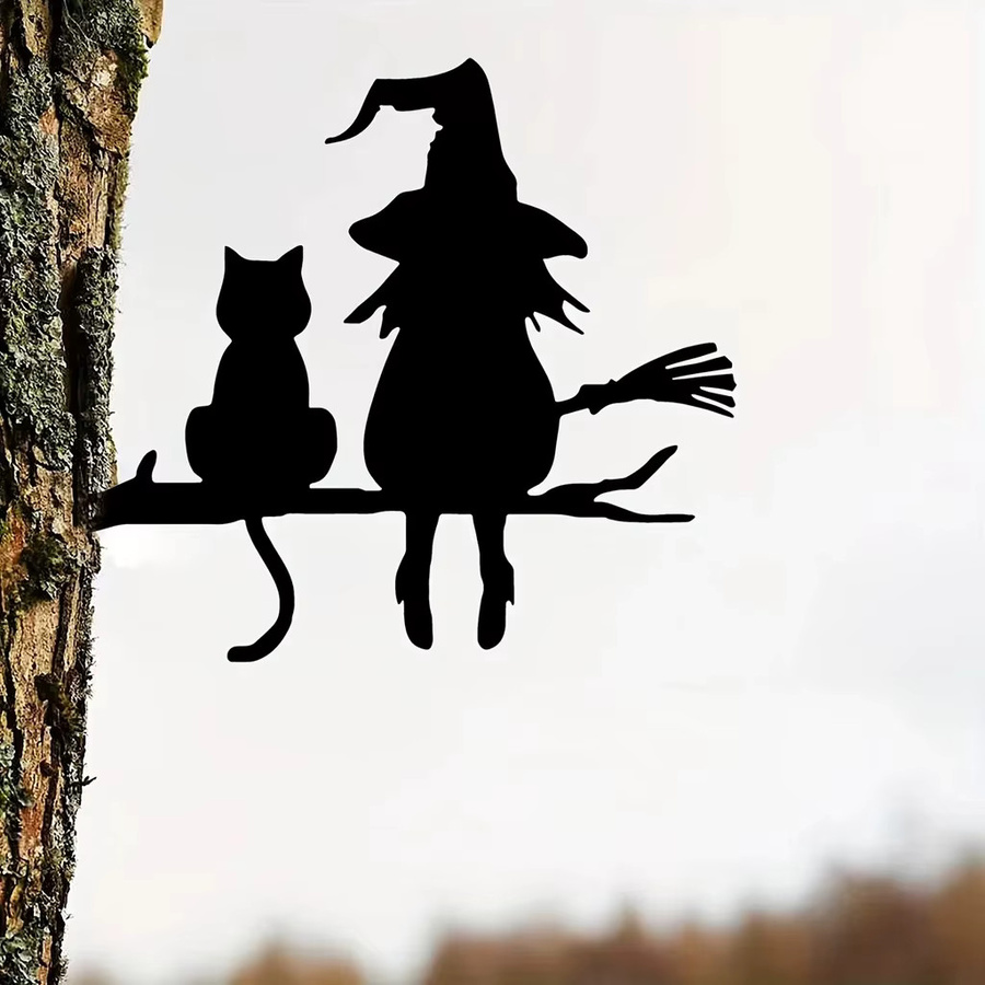 Metall-Silhouette Hexe und Katze als Gartenstecker in Schwarz für Halloween-Dekoration im Garten und Hof - Bild 5